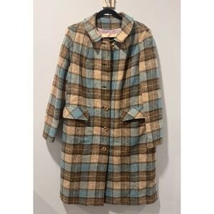 Vintage RARE Pendleton Tan Blue Plaid 100% Virgin Wool Coat Jacket Button Sz M?
